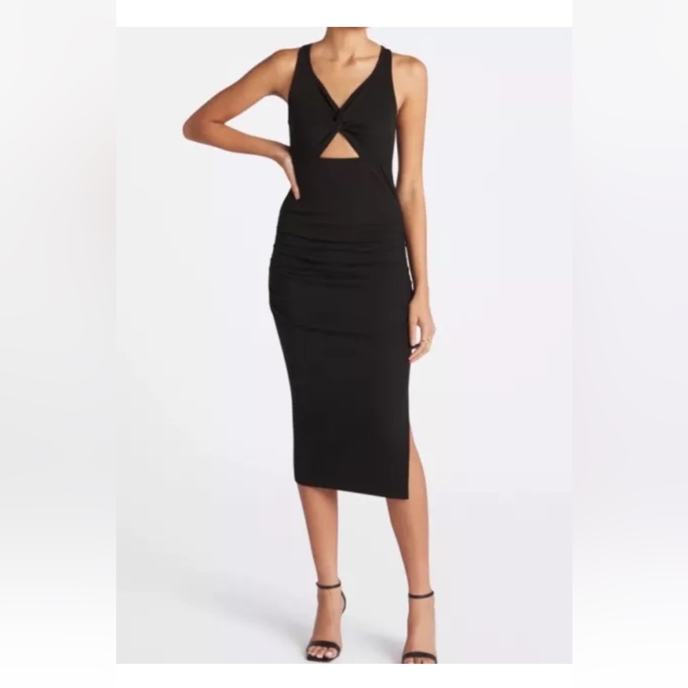 Michael Stars Guilia Midi Dress Fitted Ultra Rib Cutout Ruching Black SP NWT